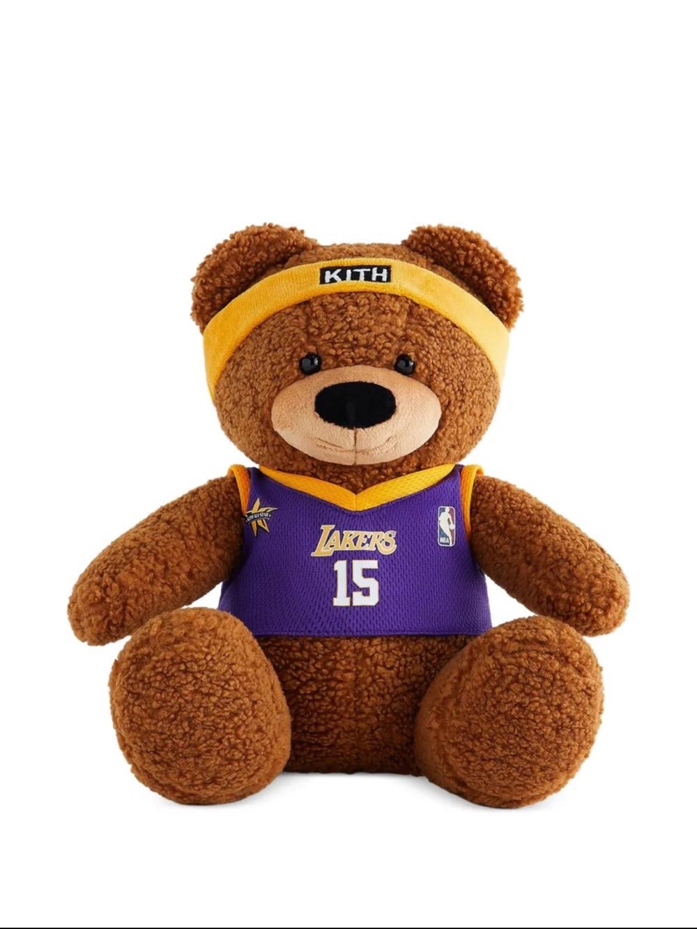 New Kith x Lakers Brown Teddy Bear in Purple Lakers Jersey and Yellow Headband